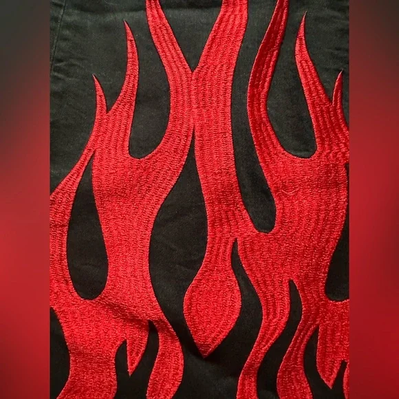 Dolls Kill Black and Red Flame Boot Cut Jeans - Picture 4 of 9